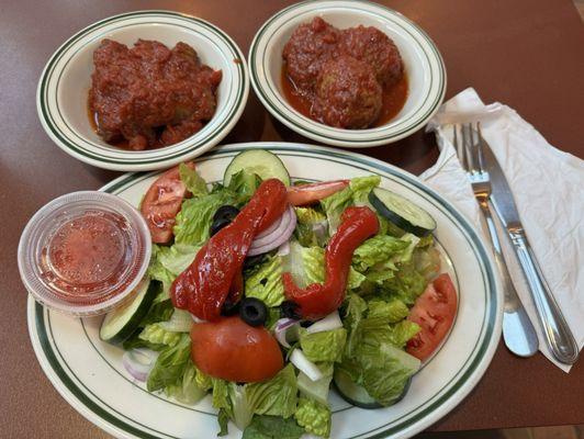 Toss salad, side of meatballs, side of sausage. Fresh and delicious!