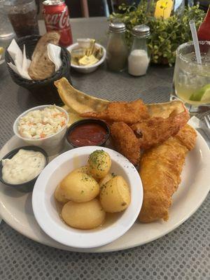 Whitefish, Shrimp, Perch and fantastic little potatoes with Cole slaw.  All cooked to perfection!