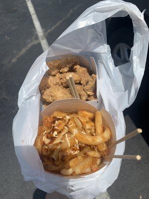 Curly fries + popcorn chicken