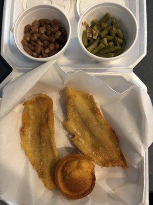 Catfish lunch special with pinto beans and green beans. I like Walton's value and taste better.