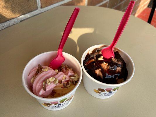 Strawberry Lemon Sorbet and Chocolate Frozen Yogurt with dark chocolate fudge sauce