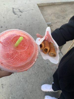 Cherry coke slurpee and some steak and taco taquitos