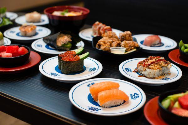 Sushi Plates, Noodles and Sides at Kura Revolving Sushi Bar.