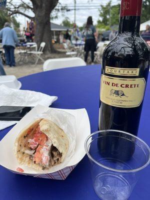 Gyro and bottle of wine