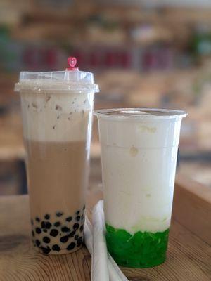 Okinawa with Sea salt crema  and Jasmine Milk Tea with Green Apple Jelly topping