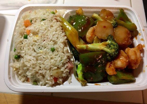 Shrimp in garlic sauce with spam fried rice.