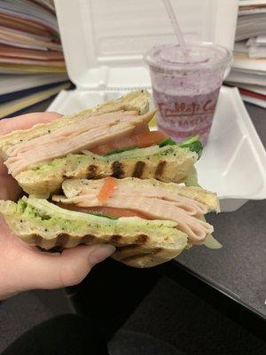 Turkey pesto panini with blueberry pineapple smoothie is pretty good!