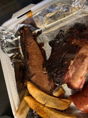 Dry Brisket with the grey fries and tough ribs. Yuck