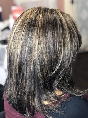 Half head highlights, grey coverage touch up, haircut, treatment and blow dry style service