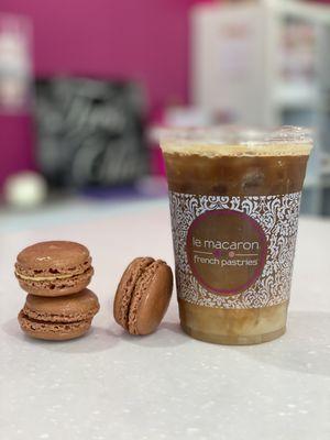 Extra shot iced caramel macchiato with caramel macarons!