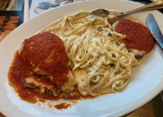 Trio with lasagna, fettucine alfredo, and chicken parm.