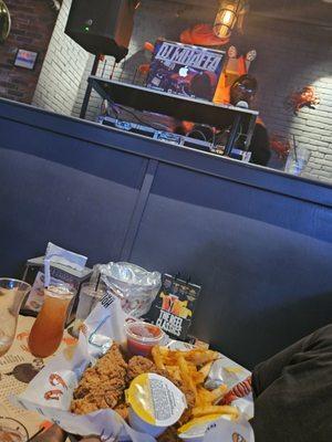 Dj, music, chicken tenders and fries