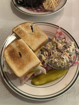 Club Sandwich lunch special with Blucheese Slaw and Sweet Hot Pickle