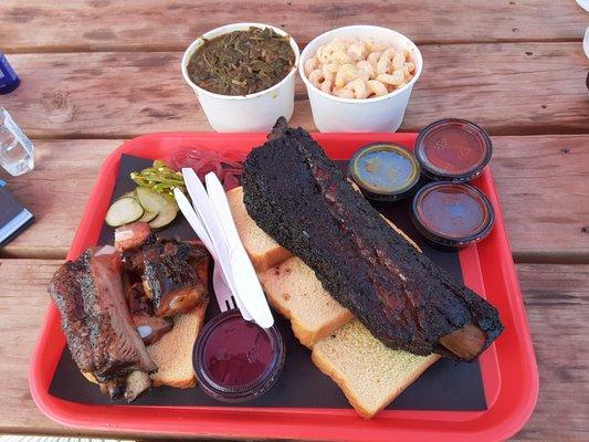 Top: greens and mac 'n cheese.  Tray: beef rib, pork rib, rib tips