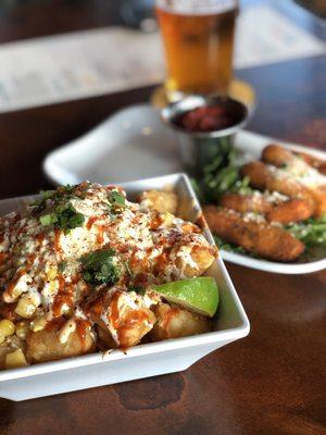 Elotes tots and goat cheese cheese sticks