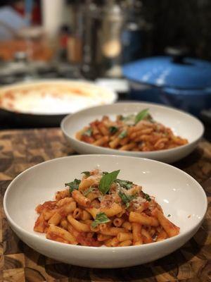 We cooked the rigatoni with her Nonna Bisignano Tomato sauce finished it with Parmesan and fresh basil. Light and sweet.