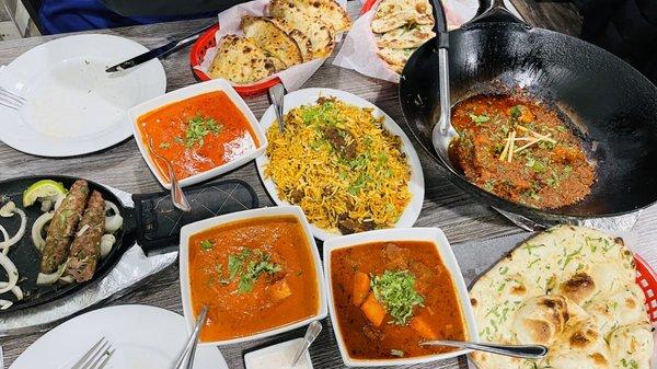 Lamb Seekh Kabab, Paneer Tikka Masala, Lamb Vindaloo, Butter Chicken, Mint Lamb Karahi Special, Cheese Naan and Garlic Naan