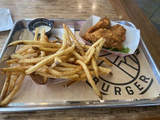 "Tenders" and fries with ranch.