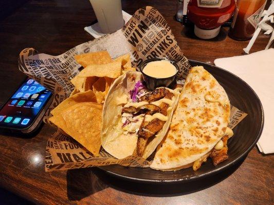 Redfish Tacos with chips and dip.