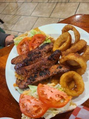 Sausage po boy and onion rings