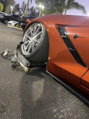 Wheel completely off the control arm into the fender hitting fender