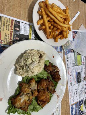 Minnie Mill, special oysters, and chicken salad with fries