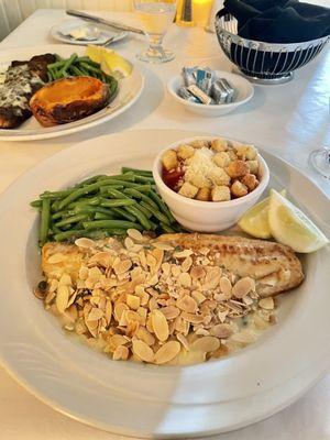 Walleye (done Almondine with capers); Green Beans and Stewed Tomatoes. Absolutely delicious!