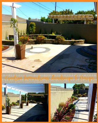 Raised Planter Walls using Block Pavers with Concrete Slab and Paver Bands with a Wood Arbor