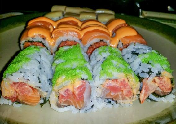 a mixed plate of all you can eat . . .  up front is the Green River roll - a ton of fish!