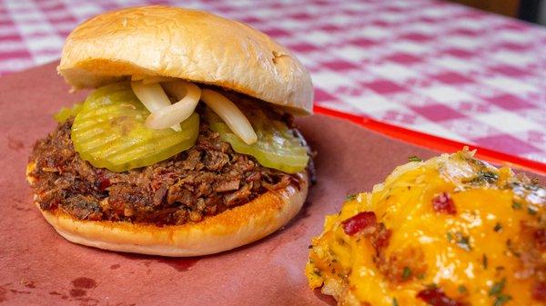 Chopped beef sandwich and ranch potatoes.