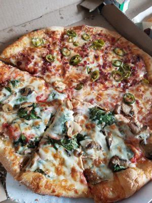 Large (8 slices) half mushroom & spinach, half bacon & jalapenos.