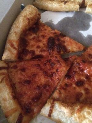 Burnt with barely any cheese. They should be ashamed of that pizza!!