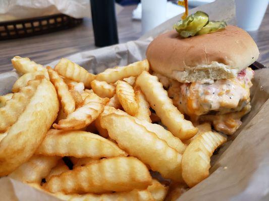 Jayne's Pimento Cheeseburger (hold the onion ring) with side of fries