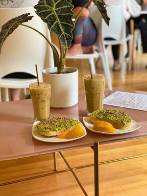 Avocado toast and ice coconut lattes