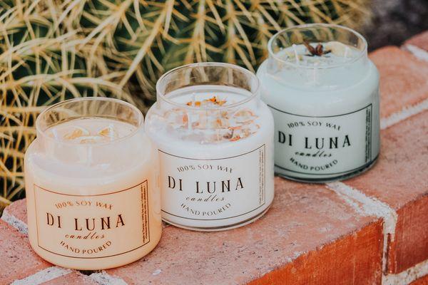 100% Soy Wax Di Luna Candles decorated with fruit ya and fried flowers and made in Tucson, AZ.