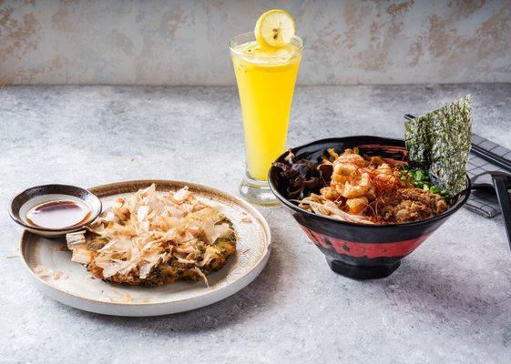 Seafood pancake with Mango Green Tea and Kanji Mystery Ramen