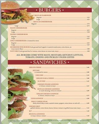 Menu Burgers/Sandwiches