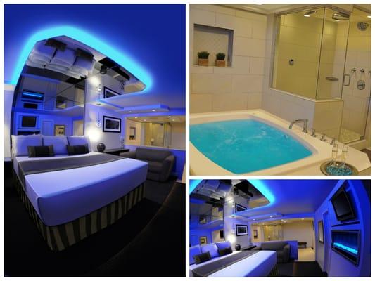 HYPNOTIC with King Bed, Two 32" TVs, Spa Tub for Two with Ceiling Port Fill System, 3Head Rainfall Shower, Mirrors, Vibe Lights