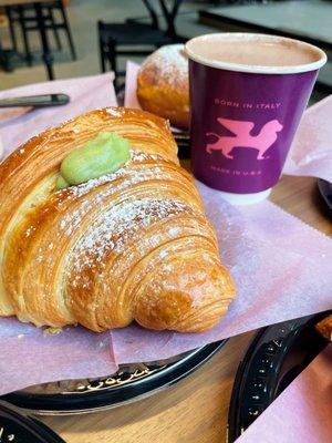 Pistachio croissant and hot chocolate