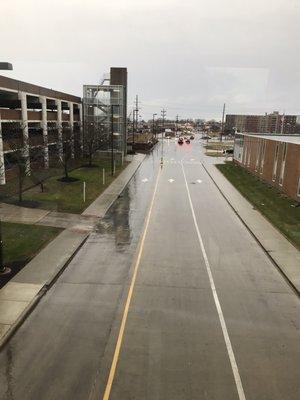 From the bridge. Free parking garage is on the left. There is a large lot, too.