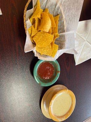 Chips, salsa, large queso.