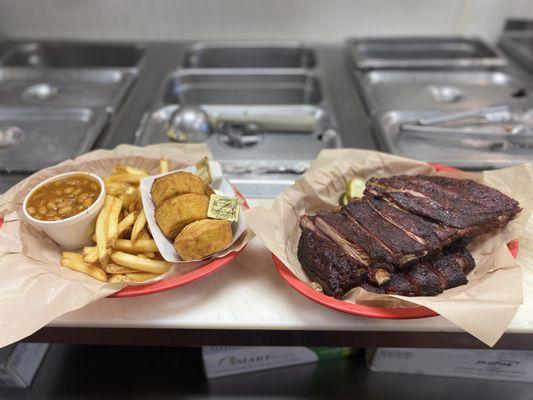 Full Rack of Pork Spareribs with Dr P BBQ Bean, Green Chile Cornbread and Fries