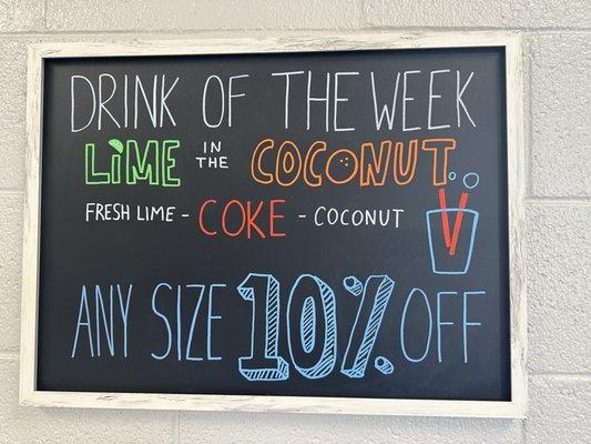 Drink of the week signage.