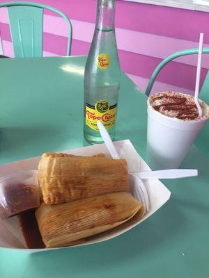 Homemade tamales & Mexican Style cut corn! Mmmm!!!! Also, Tipo Chico Aqua Minerale.