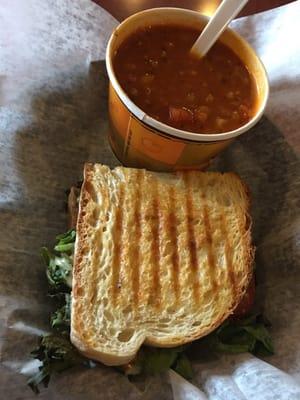 Tomato Lentil Soup and Roma Tomato panini sandwich