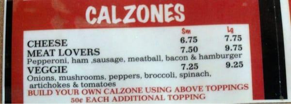 Calzones menu