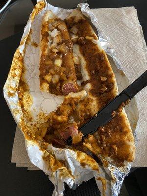 Foot Long ($2.49) with onions($.50) and chili ($.99)