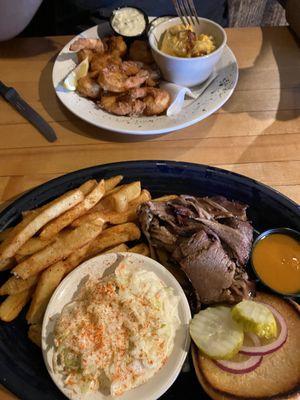 Beef brisket and shrimp platter. A+