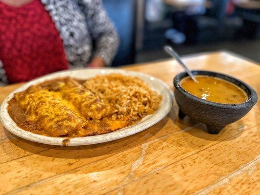 Chicken Enchilada off Lunch Menu with a side of Frijoles Rancheros