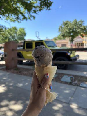 Sitting outside enjoying Oreo Dream - benches and tables outside the restaurant